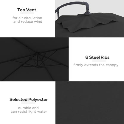 3x2m Cantilever Parasol with Cross Base, Banana Parasol with Crank Handle and 6 Ribs, Rectangular Hanging Patio Umbrella