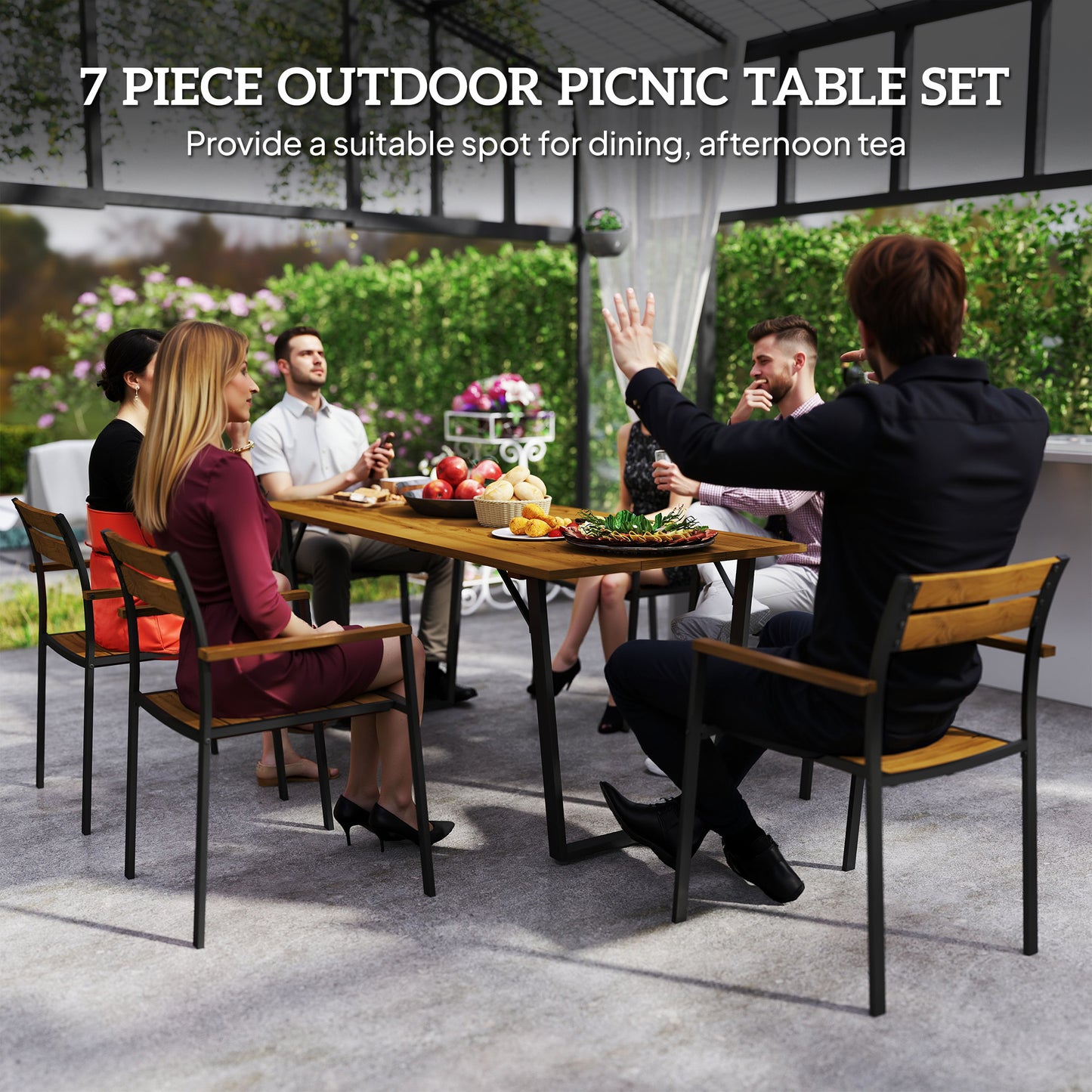 7 Piece Garden Dining Set with Table and 6 Stackable Chairs, Brown