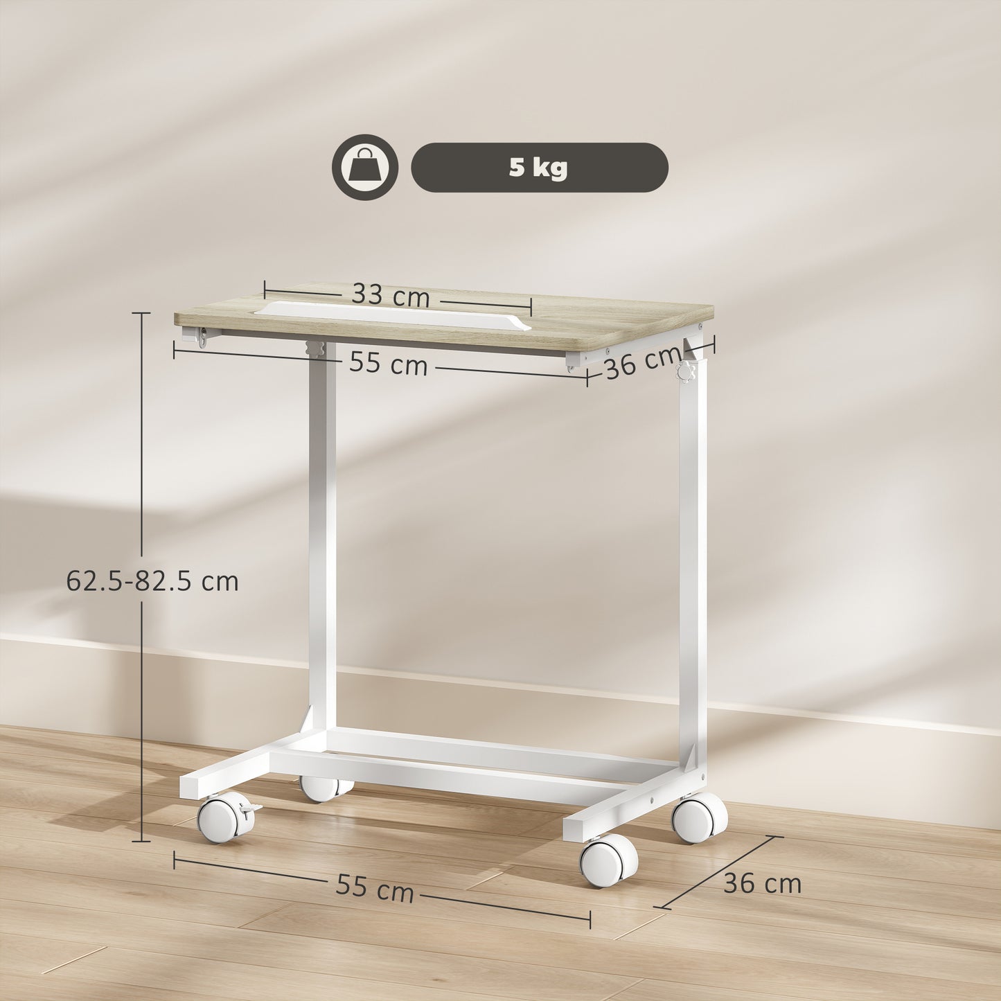 C-Shaped Sofa Side Table, Height Adjustable Overbed Table, Oak