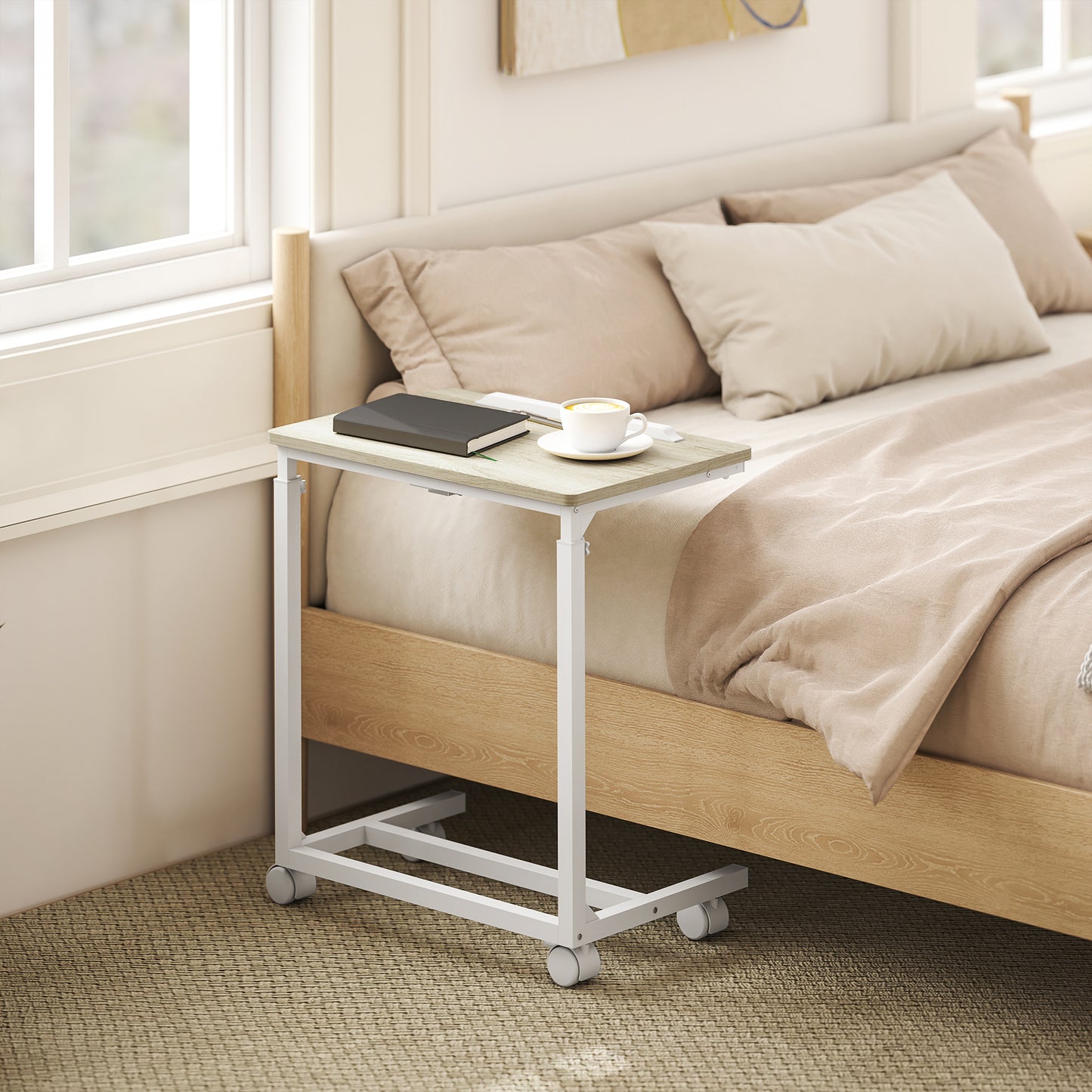 C-Shaped Sofa Side Table, Height Adjustable Overbed Table, Oak