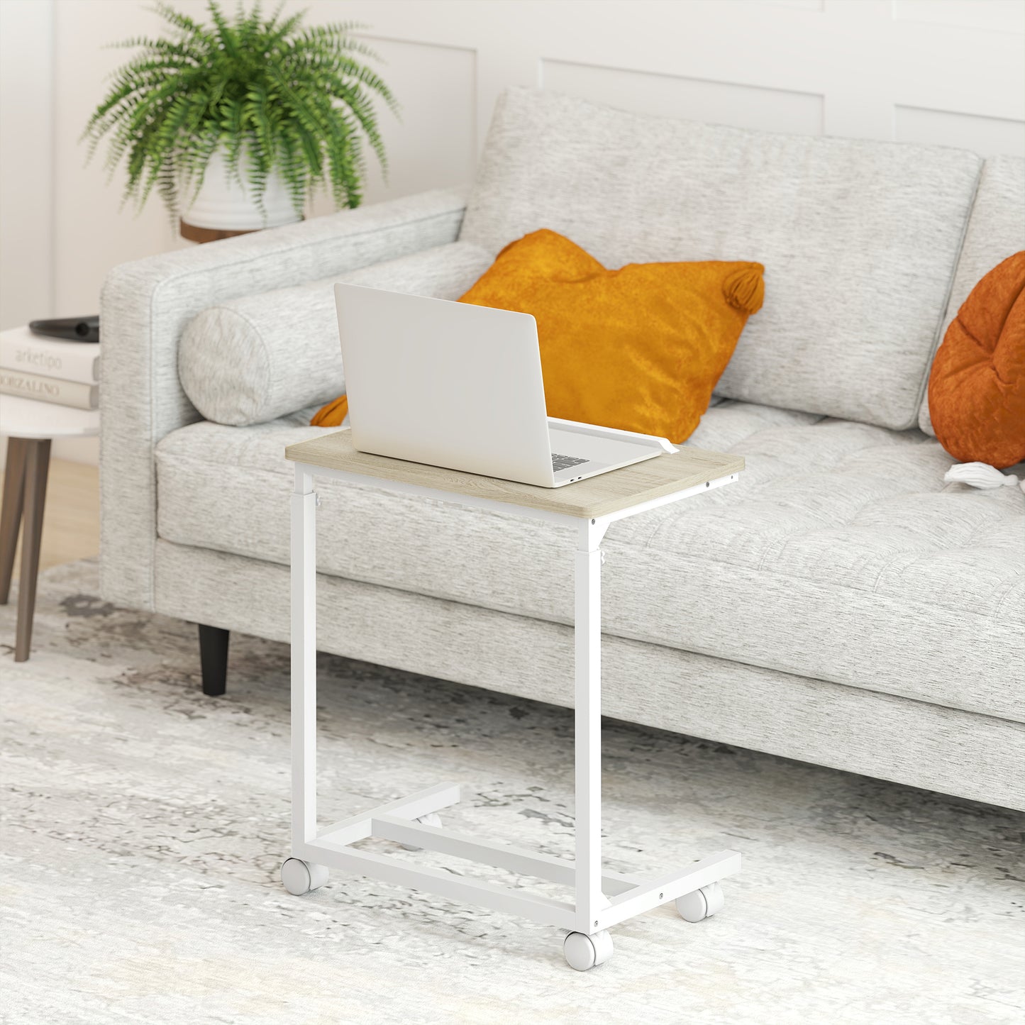 C-Shaped Sofa Side Table, Height Adjustable Overbed Table, Oak