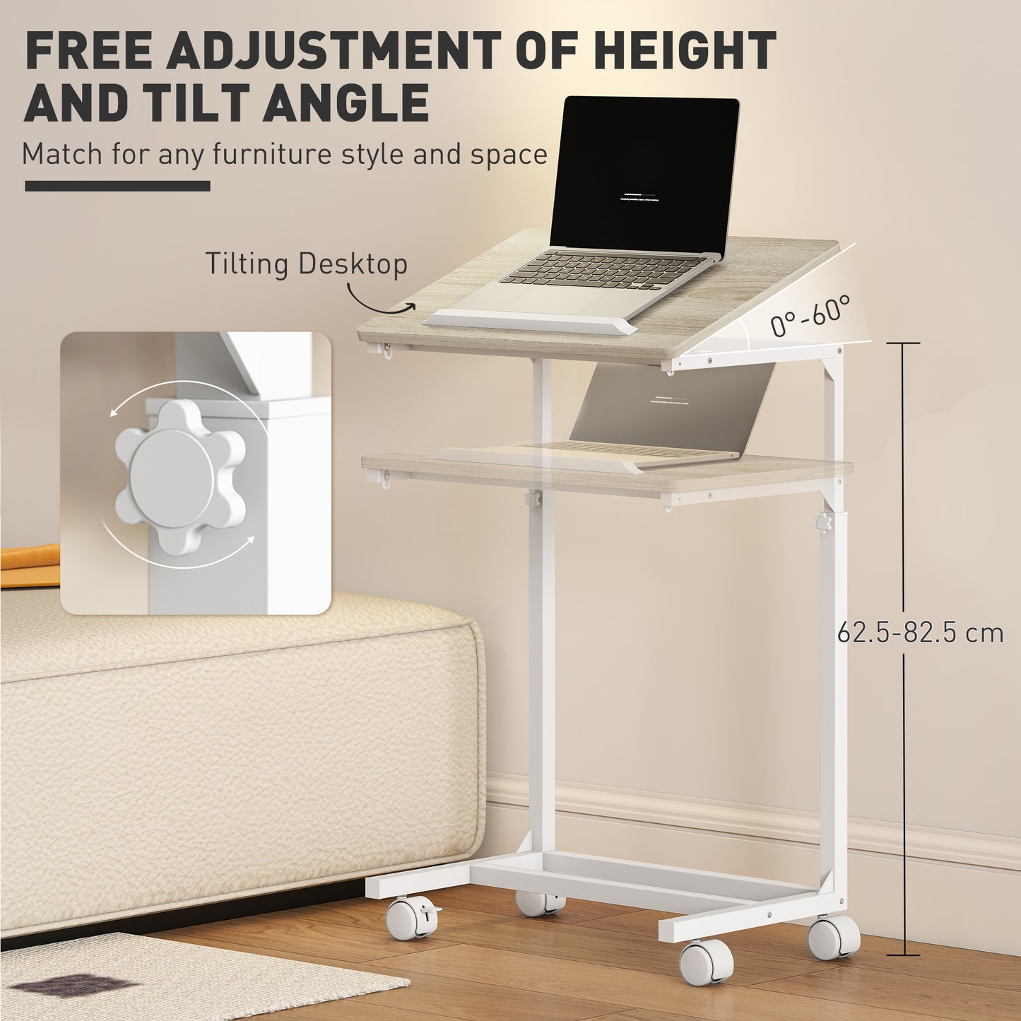 C-Shaped Sofa Side Table, Height Adjustable Overbed Table, Oak