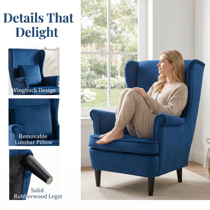 Modern Accent Chair, Upholstered Wingback Armchair with High Backrest and Pillow, Velvet-Feel Fabric Reading Chair with Solid Wood Legs for Living Room, Bedroom, Home Office, Blue