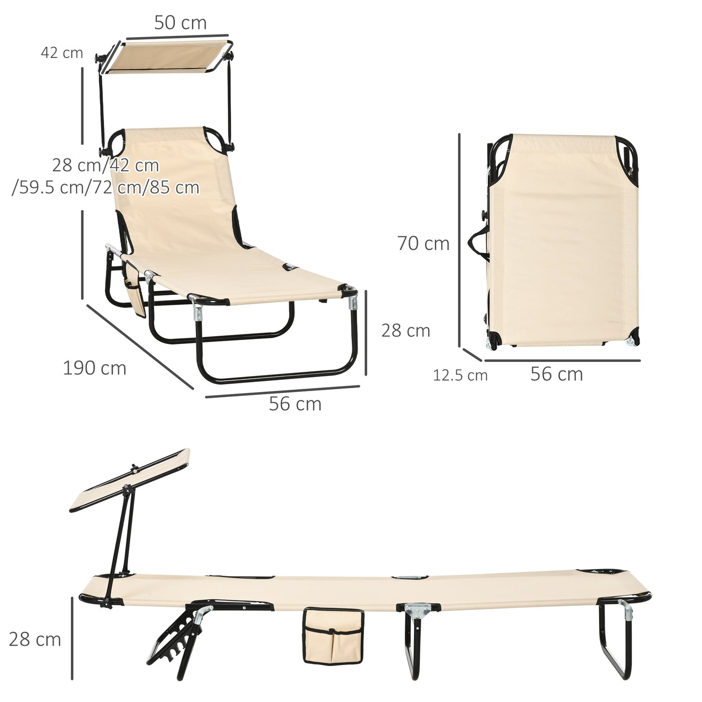 2 Piece Folding Sun Loungers with Adjustable Backrest, Tan Brown