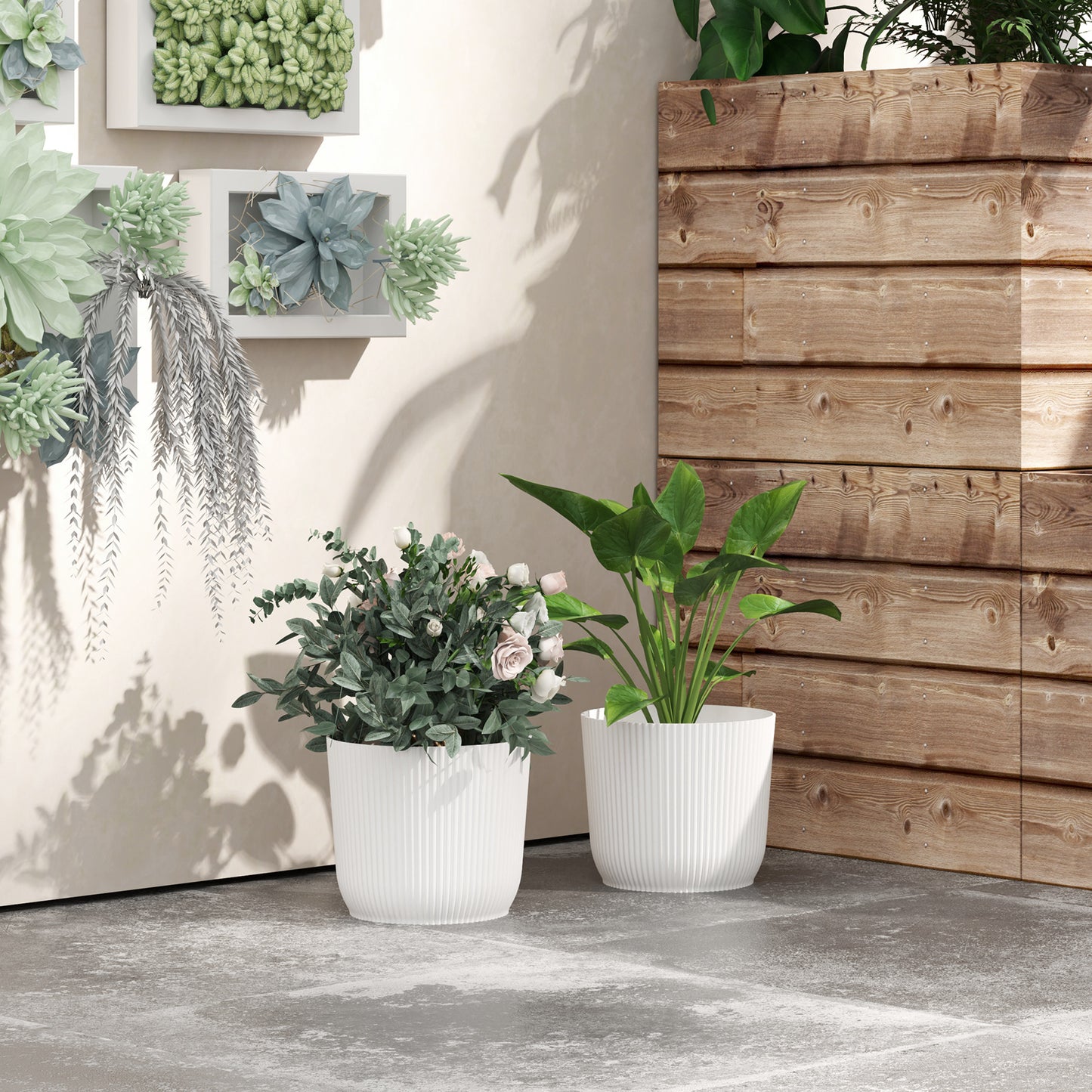 Set of 2 Round Plant Pots Outdoor 22cm for Garden, White