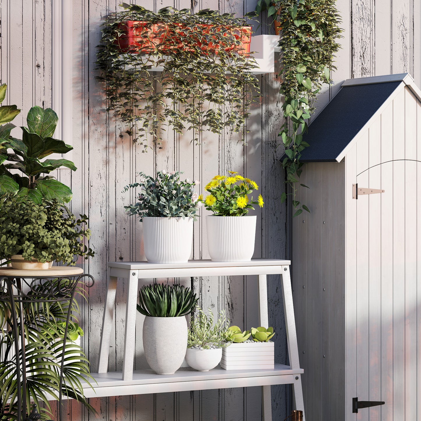 Set of 2 Round Plant Pots Outdoor 22cm for Garden, White