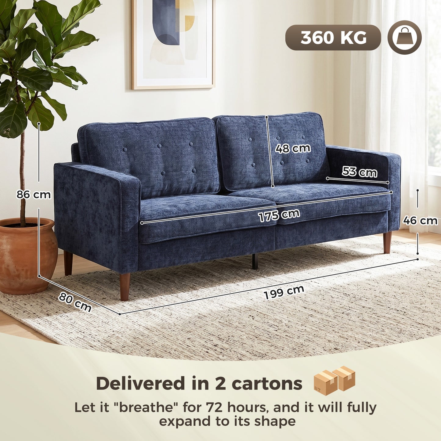 3 Seater Sofa, Upholstered Small Couch for Bedroom, Modern Futon Sofa Settee with Padded Cushion, Button Tufting and Wood Legs for Living Room, Dark Blue