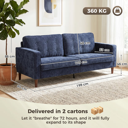 3 Seater Sofa, Upholstered Small Couch for Bedroom, Modern Futon Sofa Settee with Padded Cushion, Button Tufting and Wood Legs for Living Room, Dark Blue