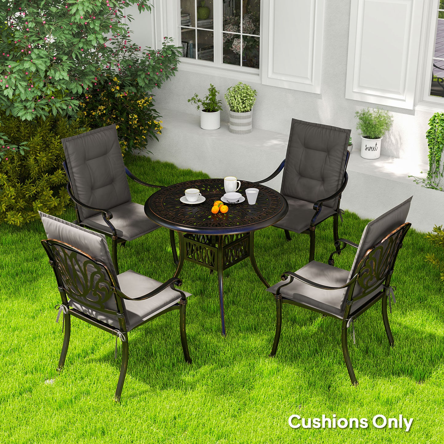 Set of 4 Garden Chair Cushions, Outdoor Seat Pads, Charcoal Grey