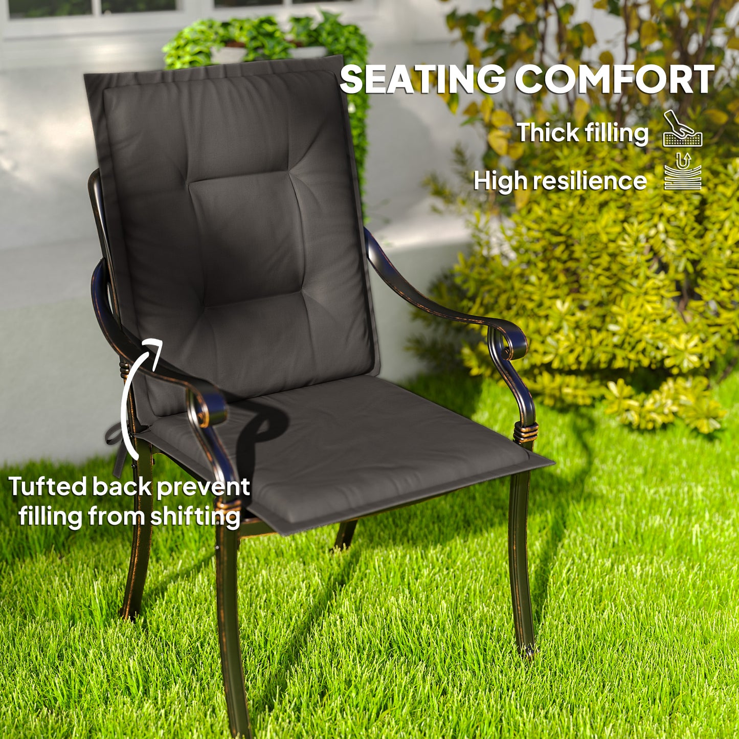 Set of 4 Garden Chair Cushions, Outdoor Seat Pads, Charcoal Grey