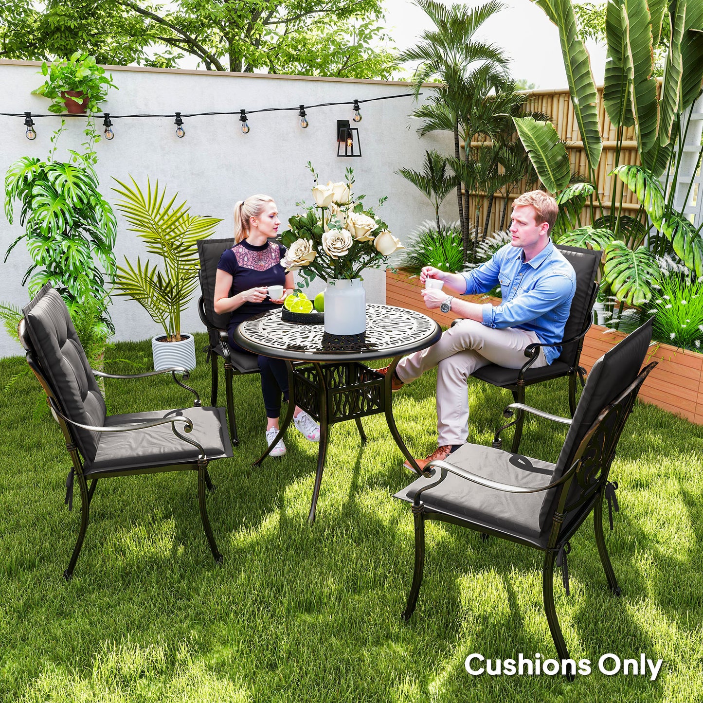 Set of 4 Garden Chair Cushions, Outdoor Seat Pads, Charcoal Grey