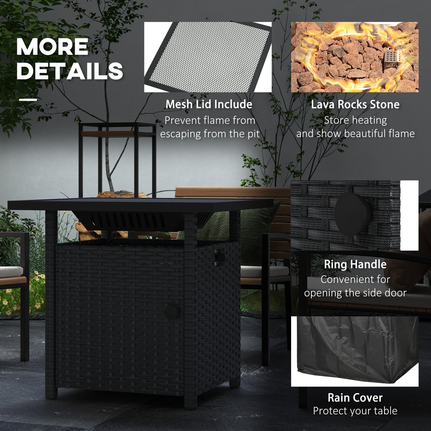 50,000 BTU Rattan Fire Pits for Garden, Fire Pit Table, Black