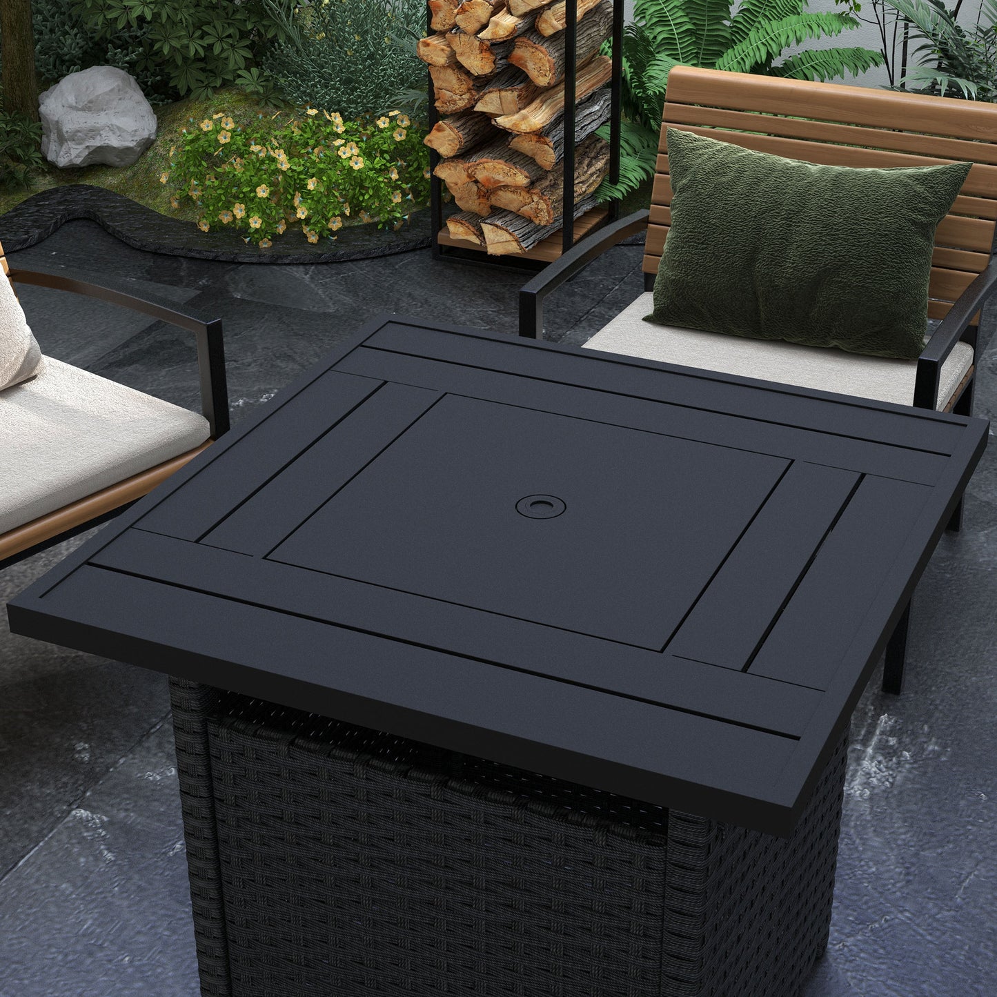 50,000 BTU Rattan Fire Pits for Garden, Fire Pit Table, Black