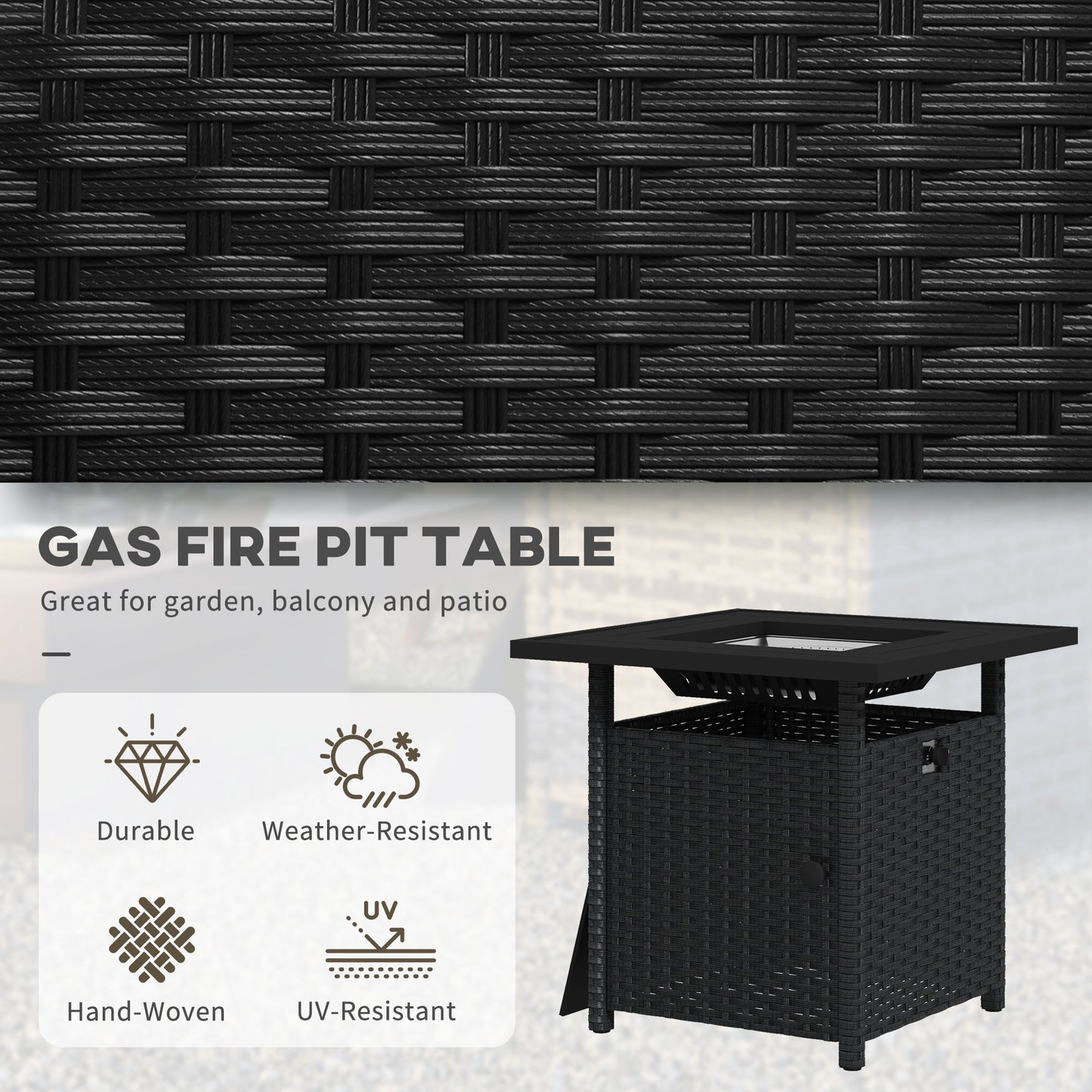 50,000 BTU Rattan Fire Pits for Garden, Fire Pit Table, Black