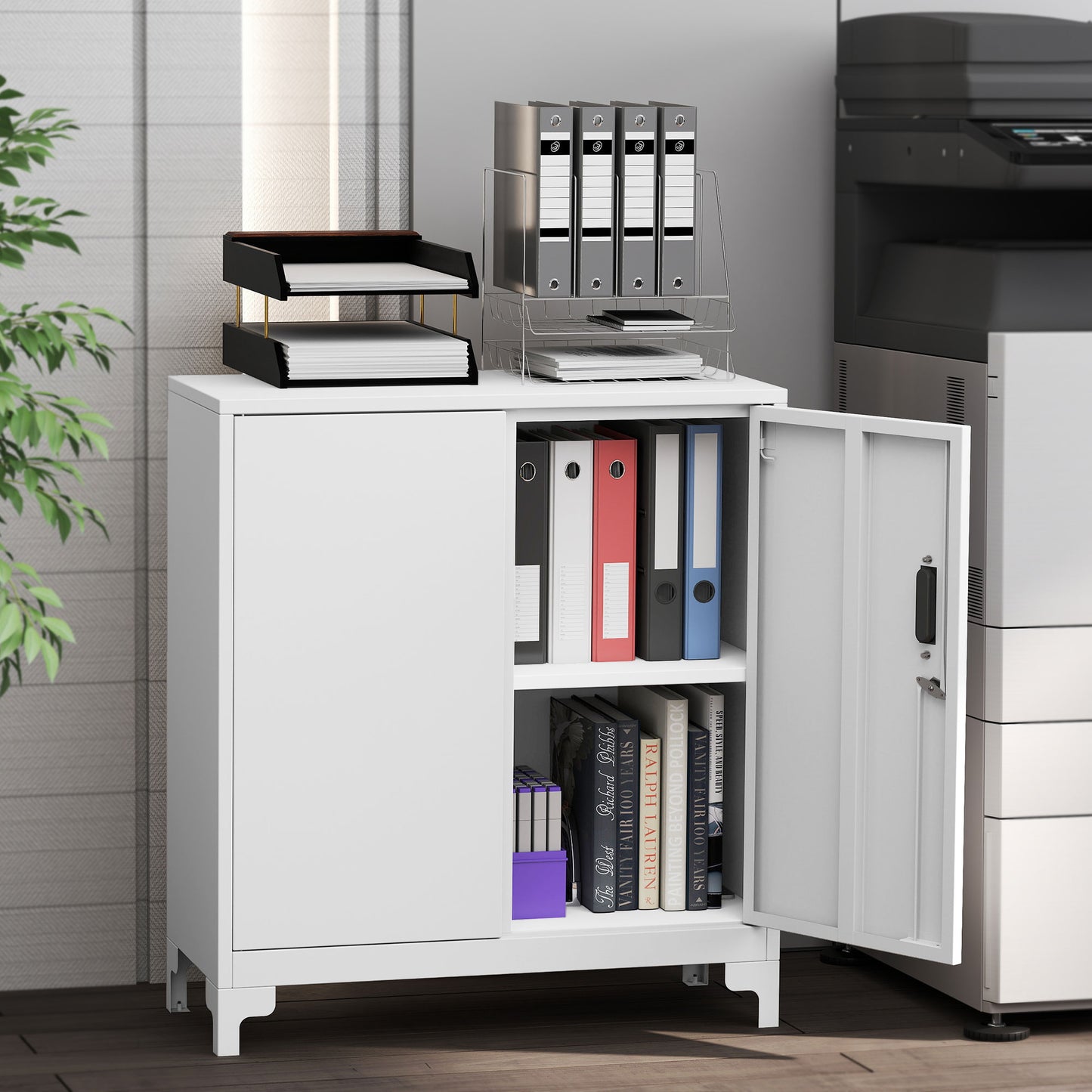 Lockable Metal Filing Cabinet, 2-Tier Storage Cupboard, White