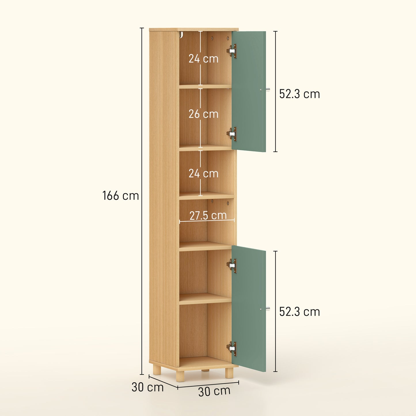 Tall Bathroom Cabinet with Adjustable Shelves and Open Shelves, Green