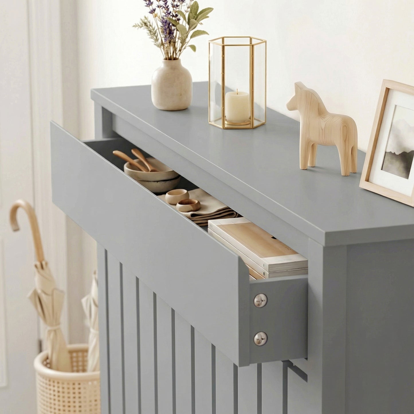 Radiator Cover with Drawer and Vertical Slats Grey