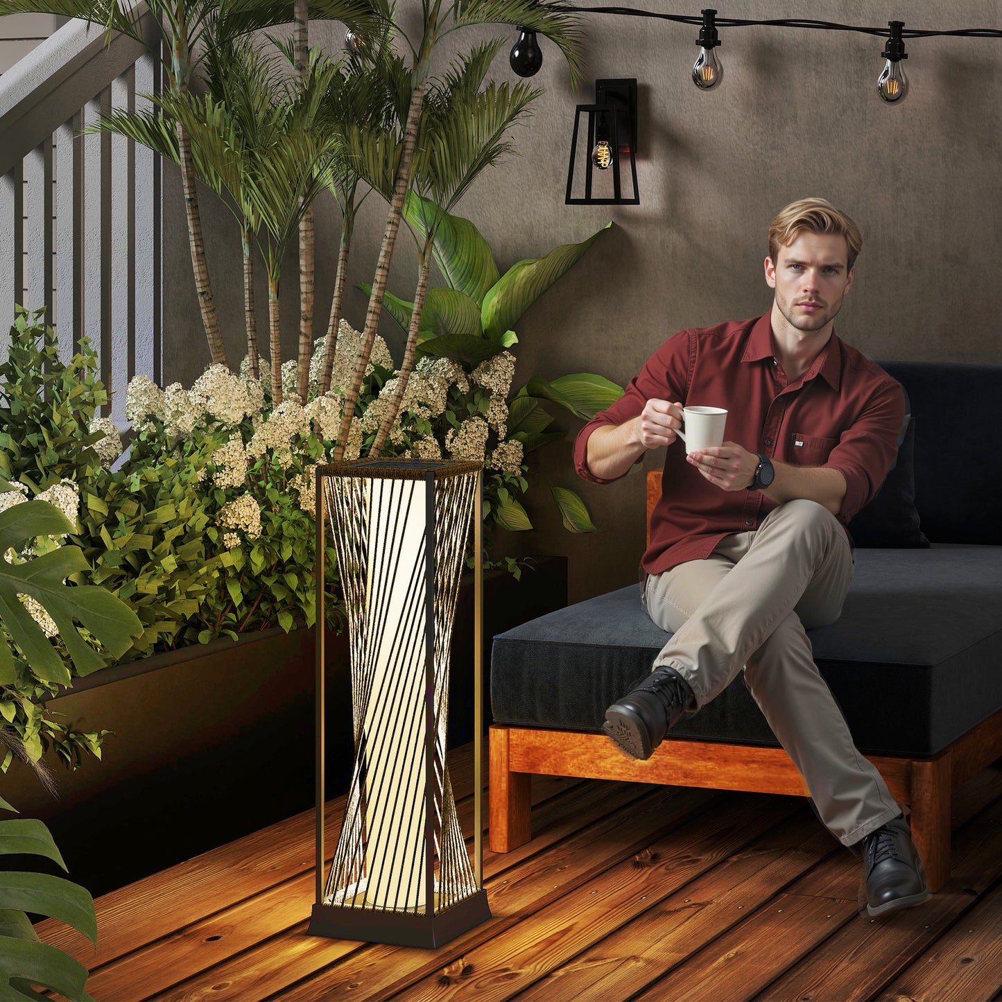 Rattan Solar Floor Lamp, Auto On/Off  Garden Lights, Sand Brown