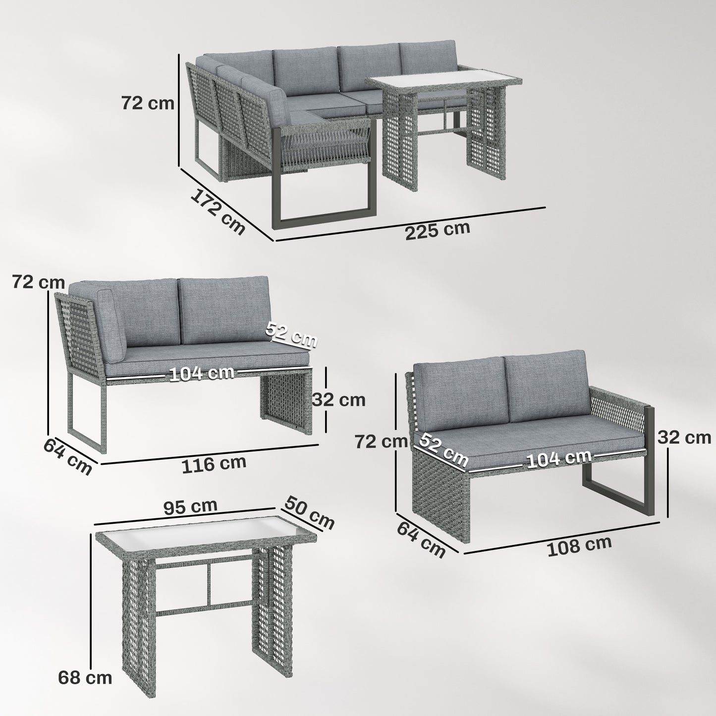 4 Piece Rattan Garden Furniture Set with 3 Loveseats, Table, Grey