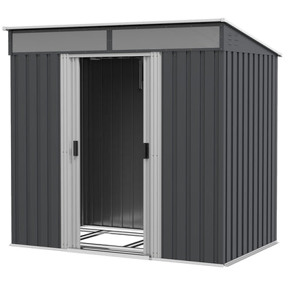 6.5 x 4FT Galvanised Metal Shed with Foundation, Lockable Tool Garden Shed with Double Sliding Doors and 2 Vents, Grey