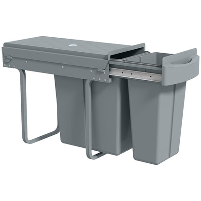Under-Sink Kitchen Trash Bin, 2 Removable Recycling Containers, 20L + 10L, Smooth Slide, Handle, Diamond Pattern Lid, Grey