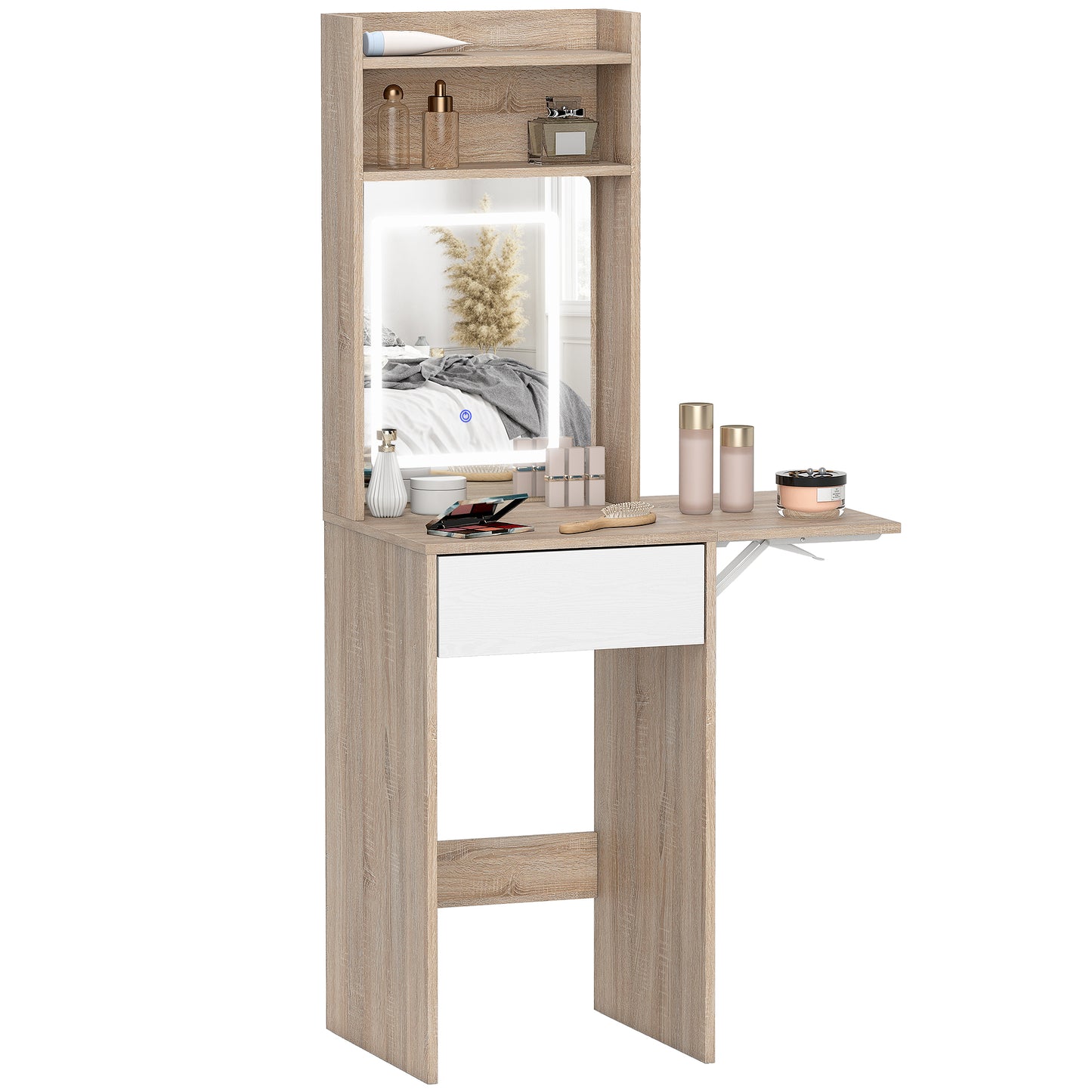 Compact Dressing Table with Lighted Mirror Open Shelves Natural Wood