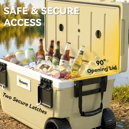 70L Insulated Cool Box with Wheels, Portable Ice Cooler, Khaki