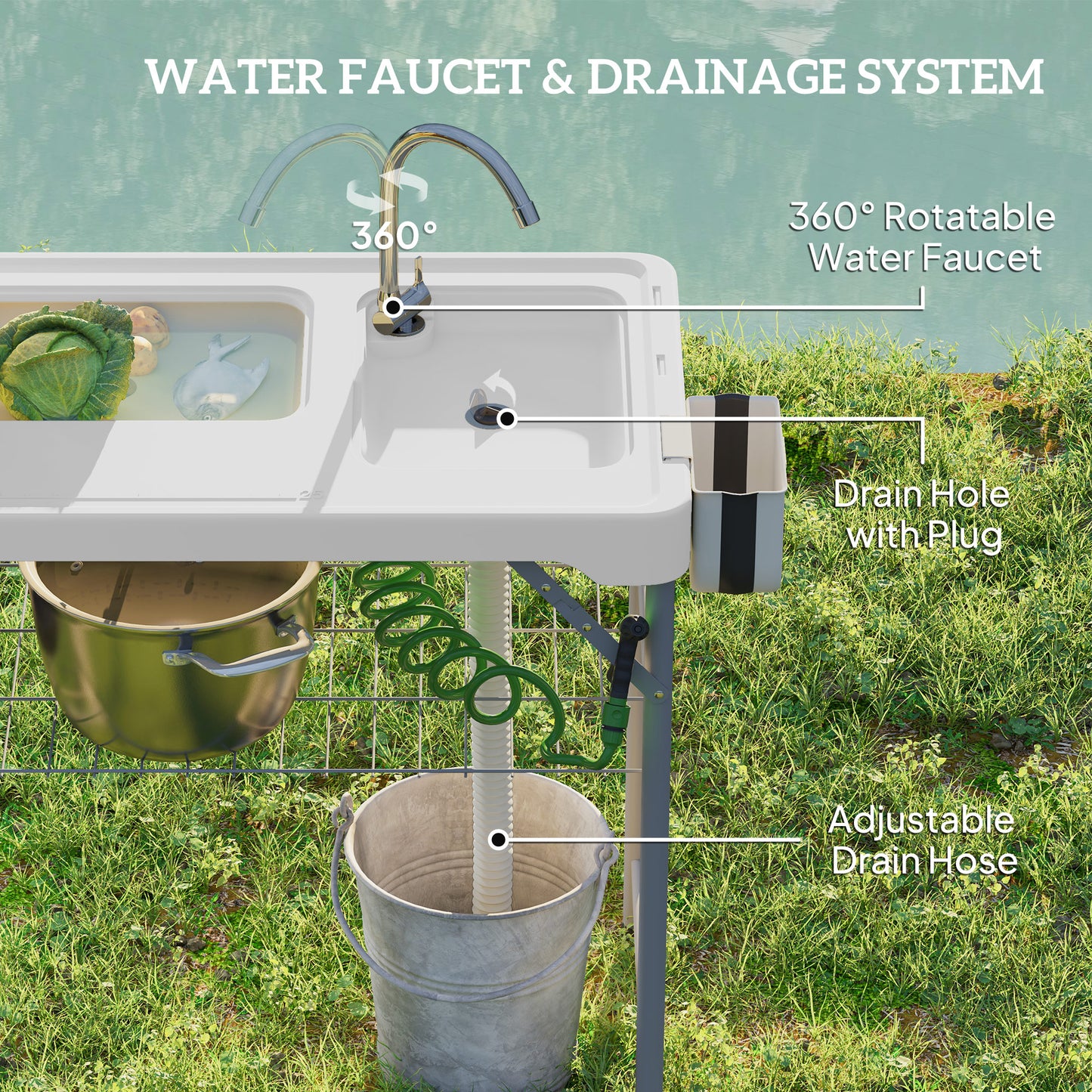 Folding Fish Cleaning Table Camping Sink Table with Faucet, White