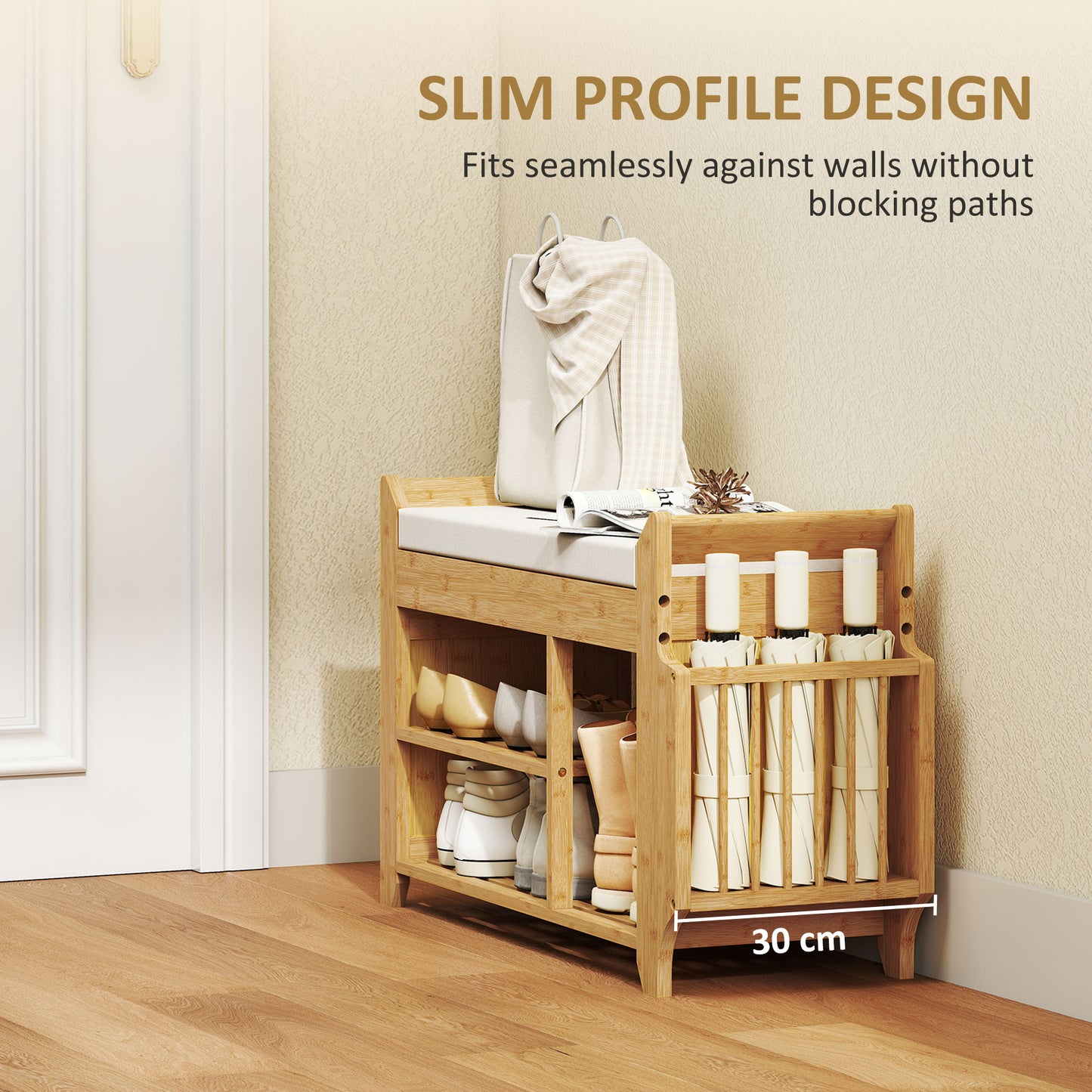 Shoe Bench with Cushioned Seat, Shoe Storage Bench with Side Holder and Boot Section, 2-Tier Natural Bamboo Entryway Rack for Hallway, Living Room, 80 x 30 x 50 cm, Natural and Cream