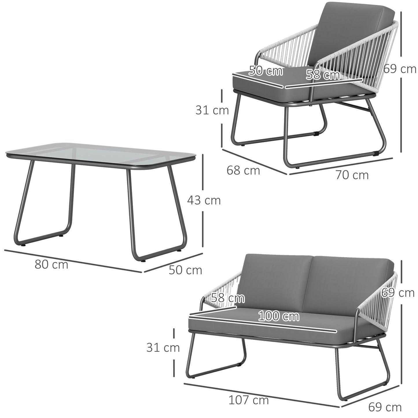 4 Piece Rattan Garden Furniture Set with Cushions, Grey