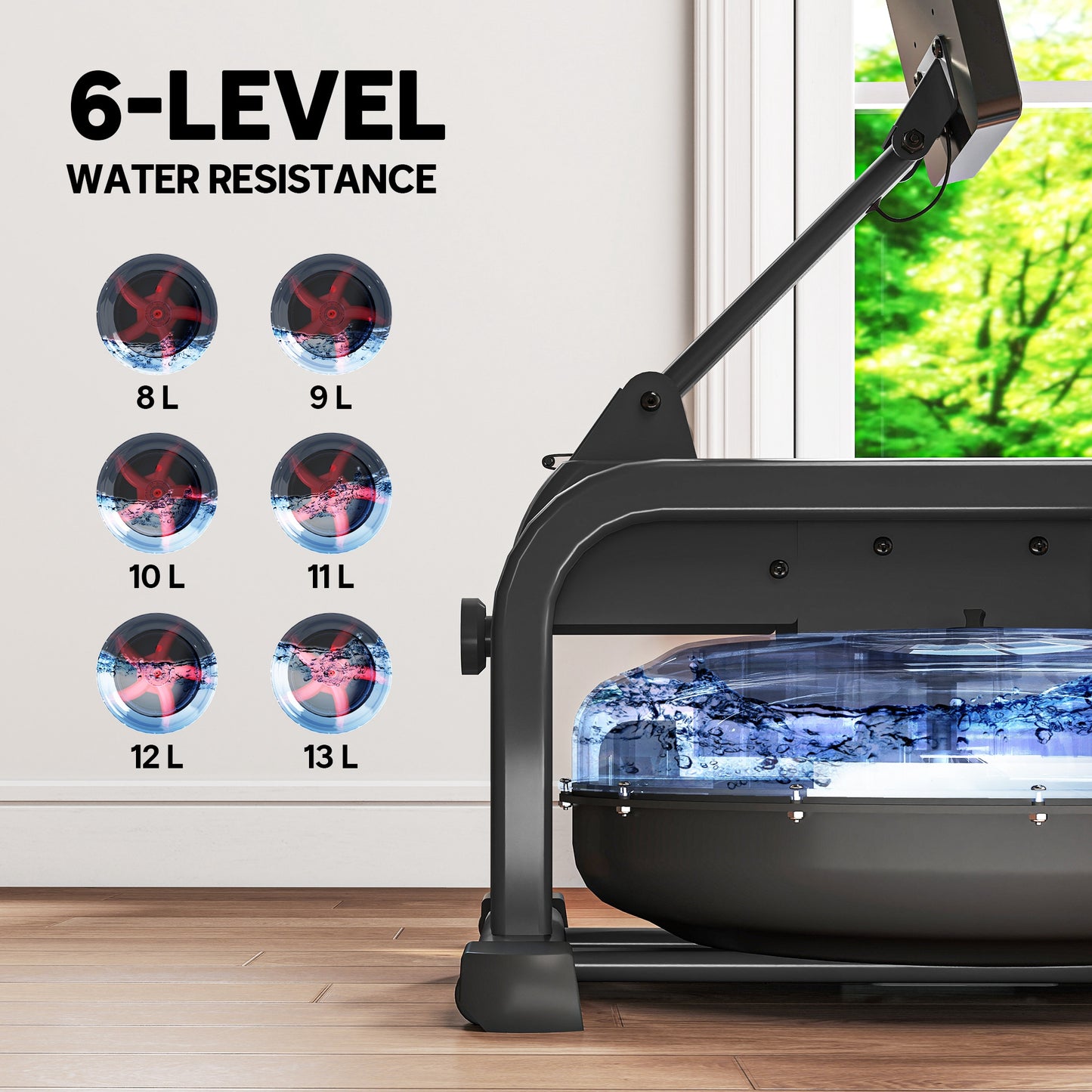 Water Rowing Machine with Adjustable Resistance, Vertical Storage