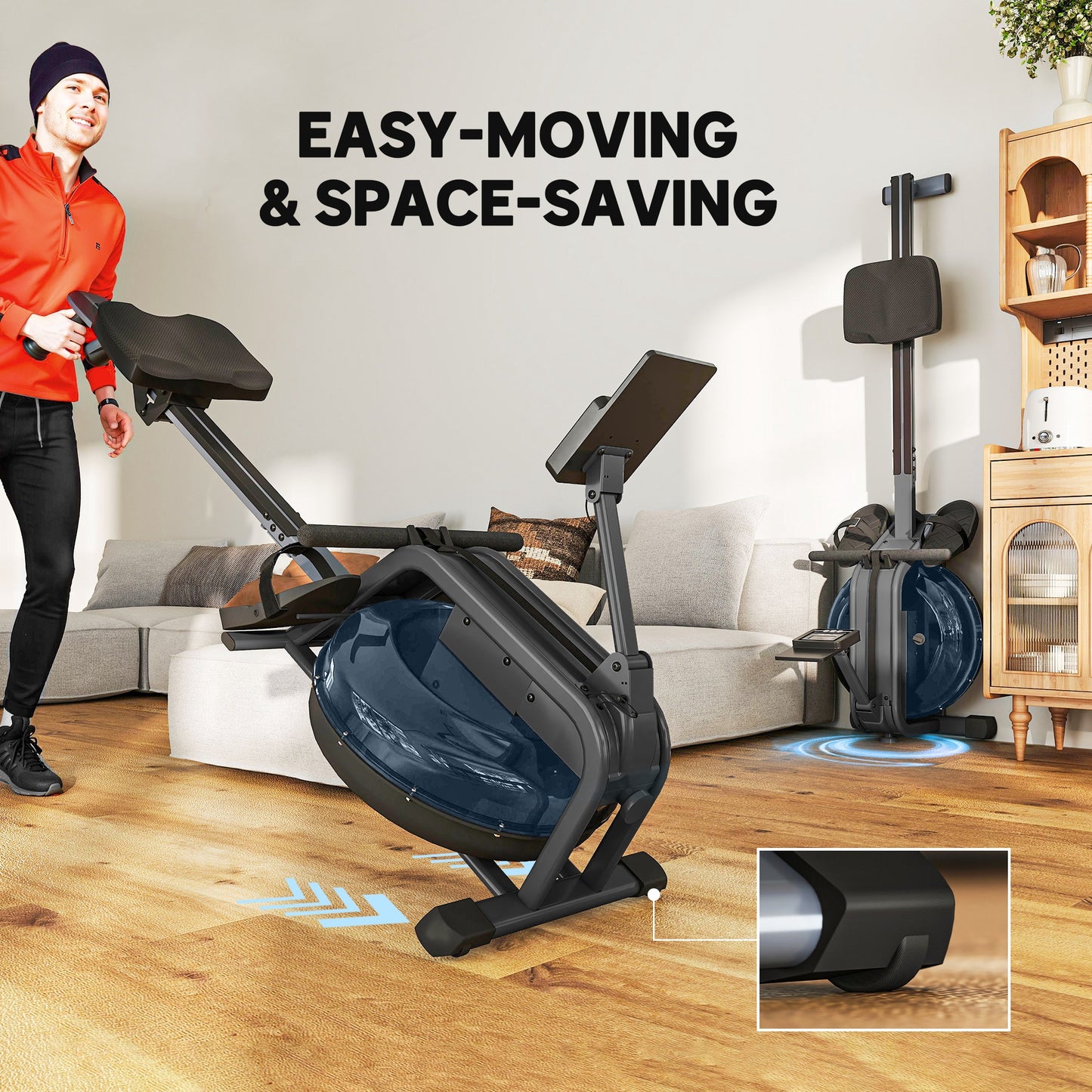 Water Rowing Machine with Adjustable Resistance, Vertical Storage