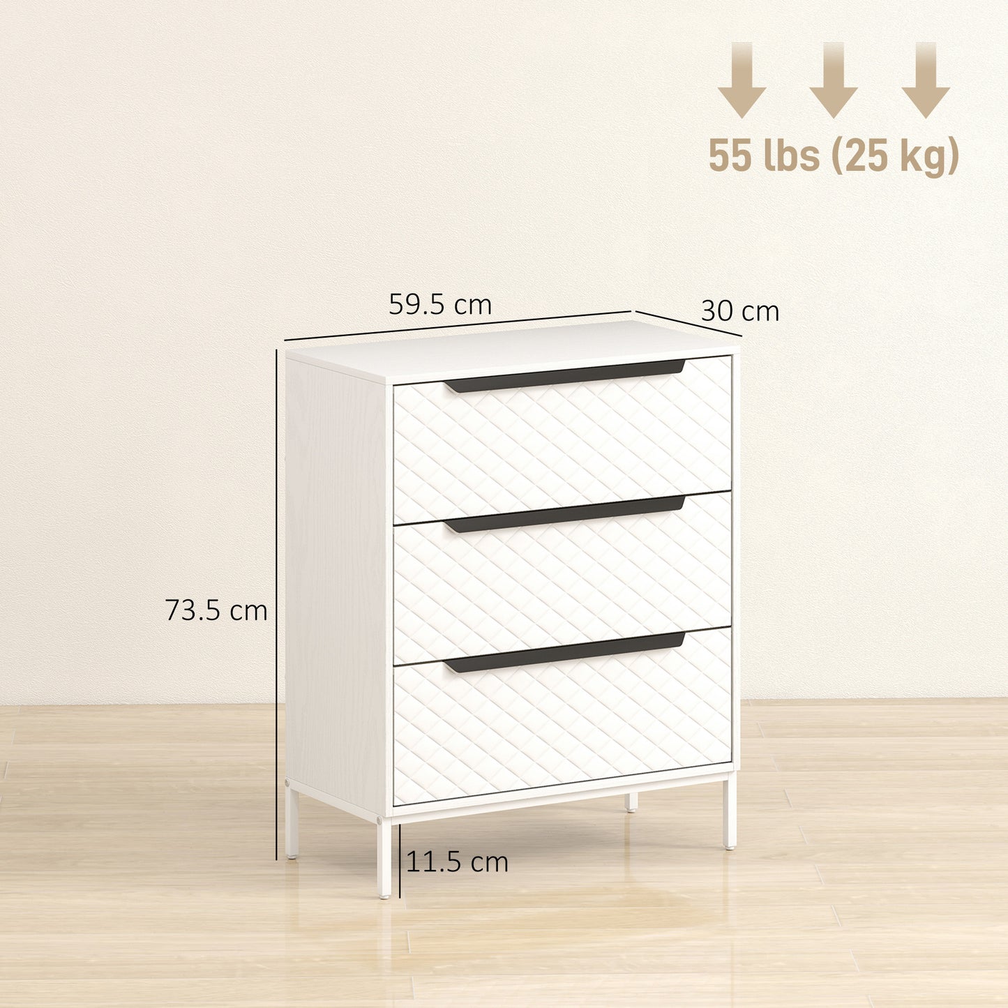 Chest of Drawers, 3 Fabric Drawer Dresser, Aluminium Handles, White