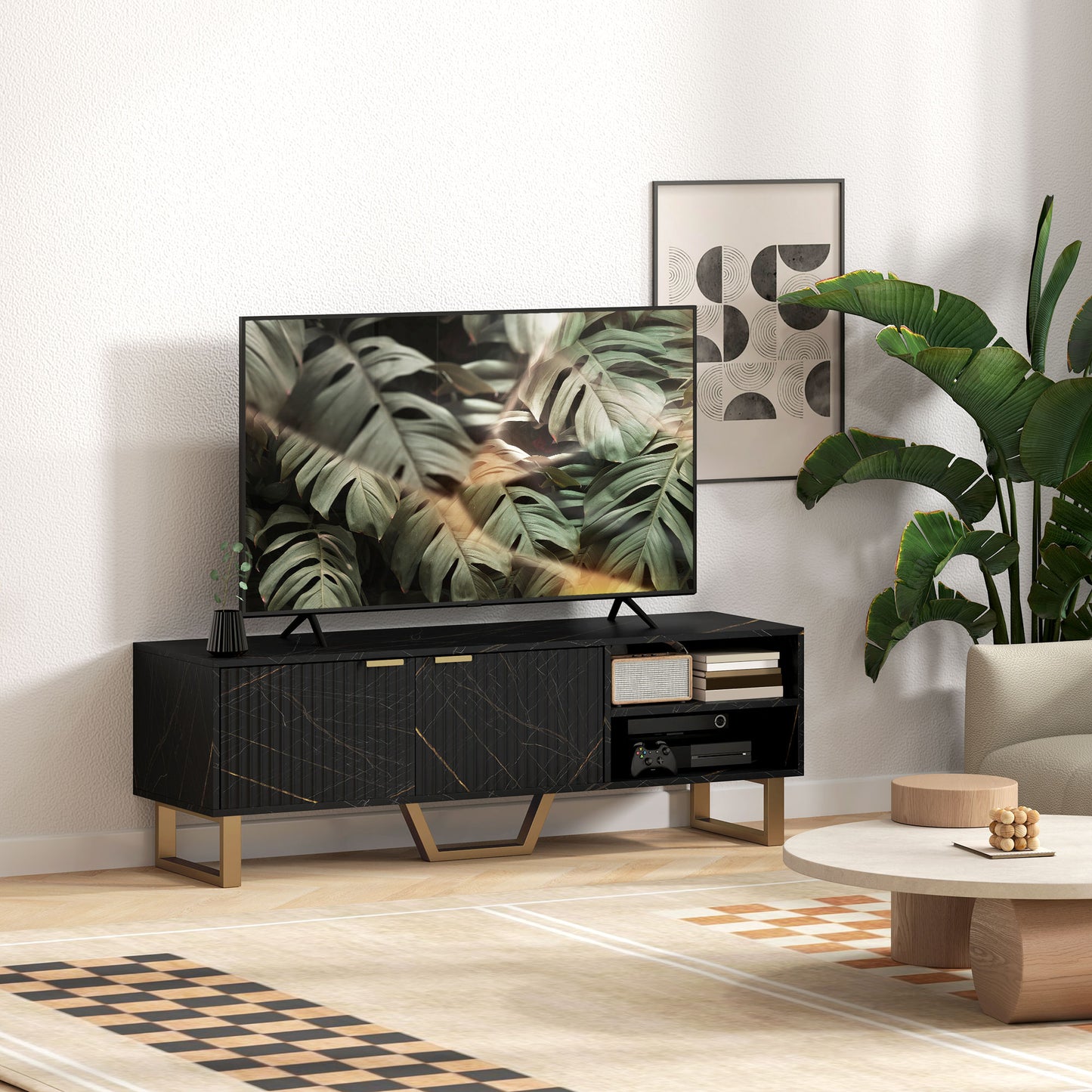 TV Unit, TV Stand Cabinet with Shelves and Storage Cupboard, Black