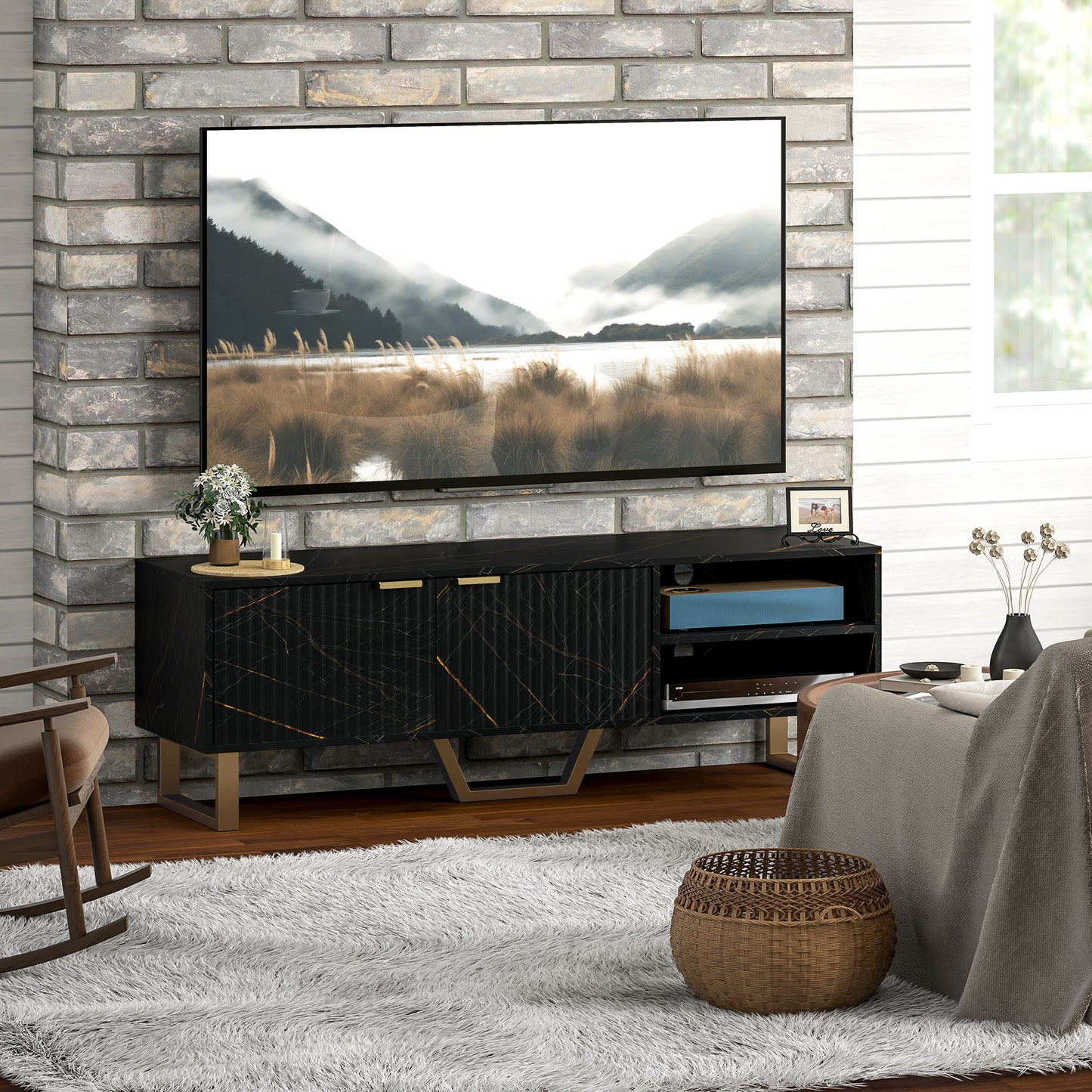 TV Unit, TV Stand Cabinet with Shelves and Storage Cupboard, Black