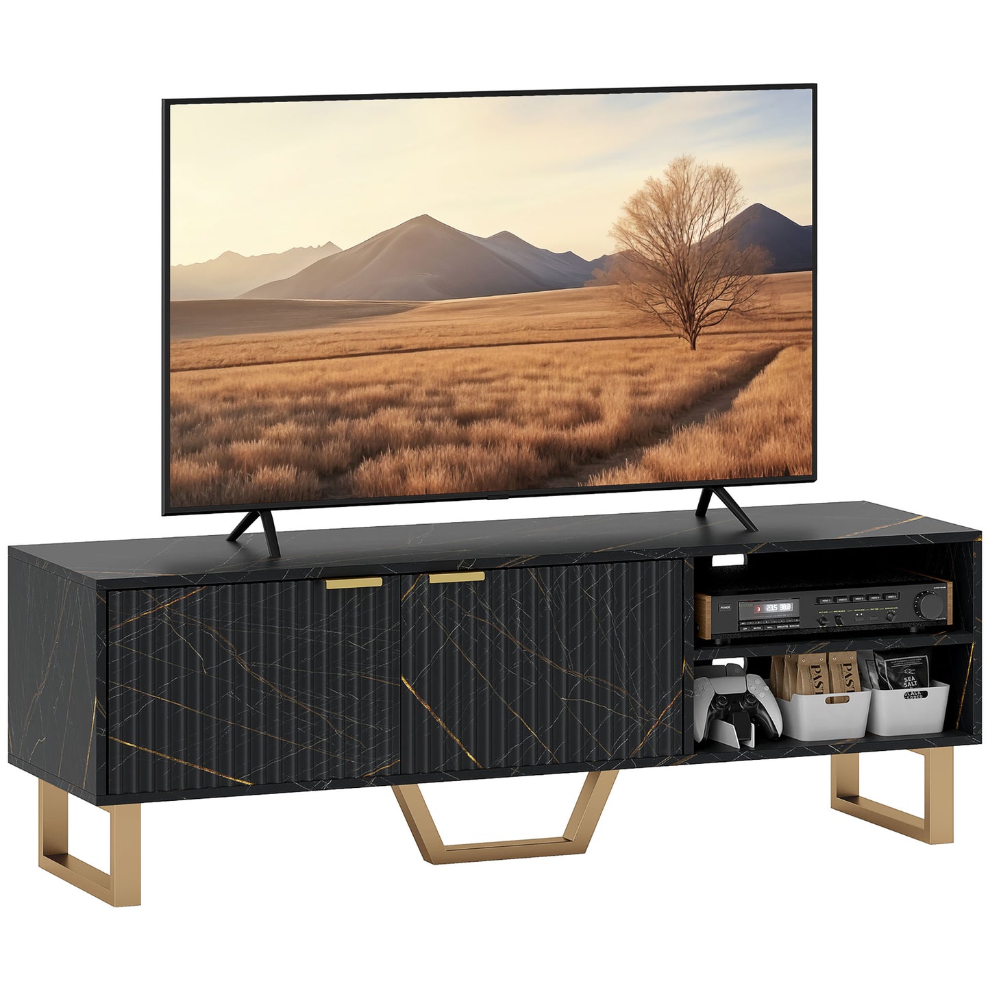 TV Unit, TV Stand Cabinet with Shelves and Storage Cupboard, Black