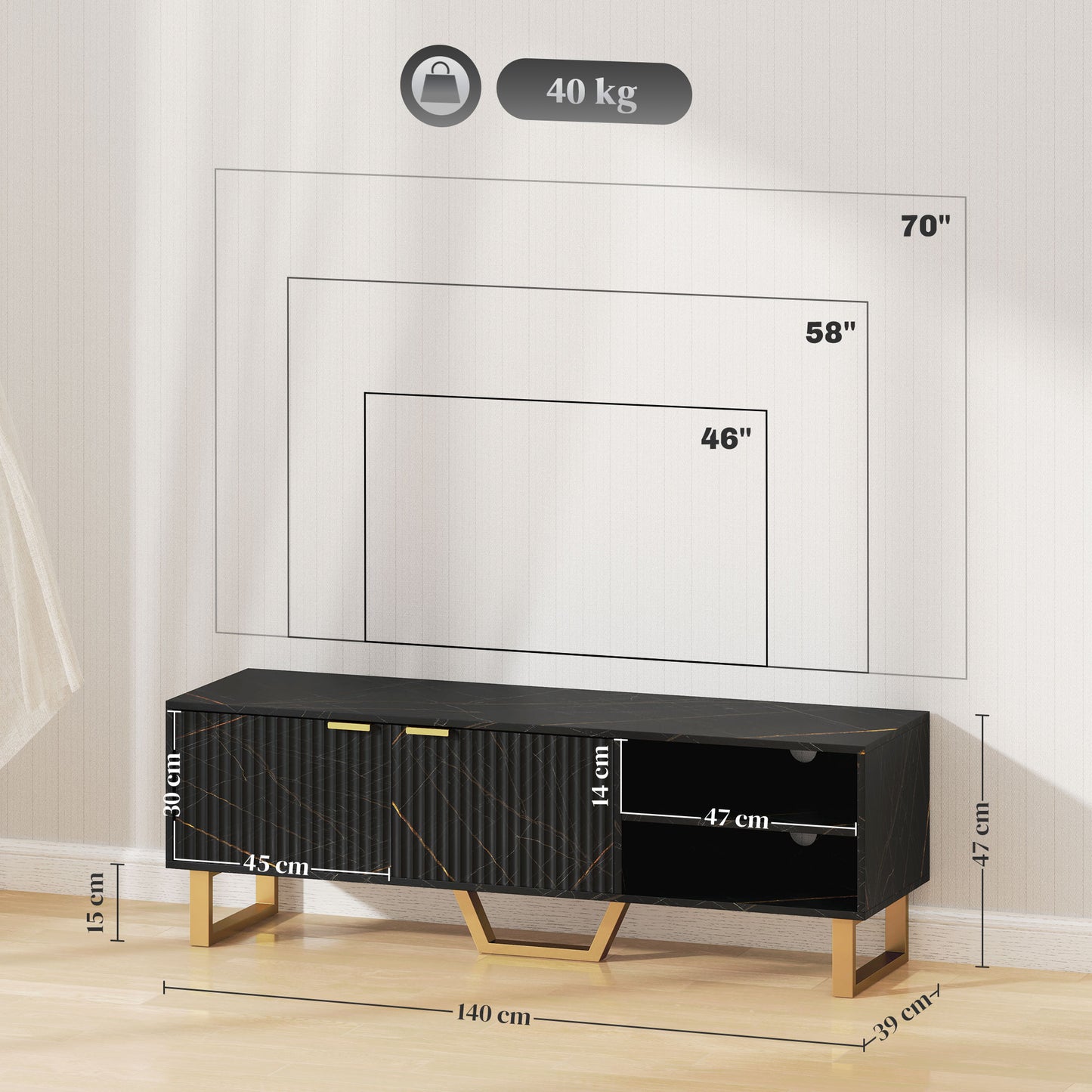 TV Unit, TV Stand Cabinet with Shelves and Storage Cupboard, Black
