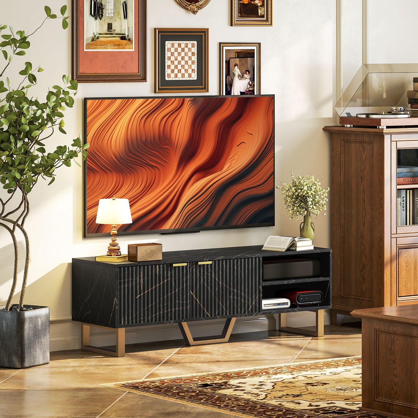 TV Unit, TV Stand Cabinet with Shelves and Storage Cupboard, Black