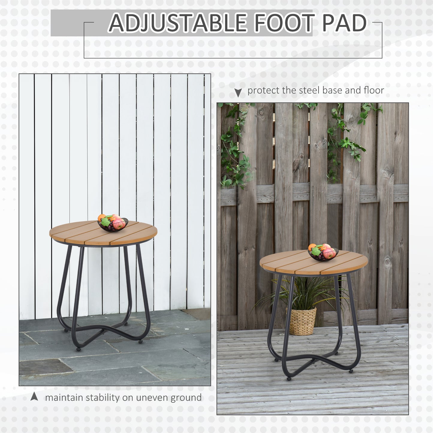 Round Outdoor Side Table Adjustable Leg Pads Natural Wood & Black