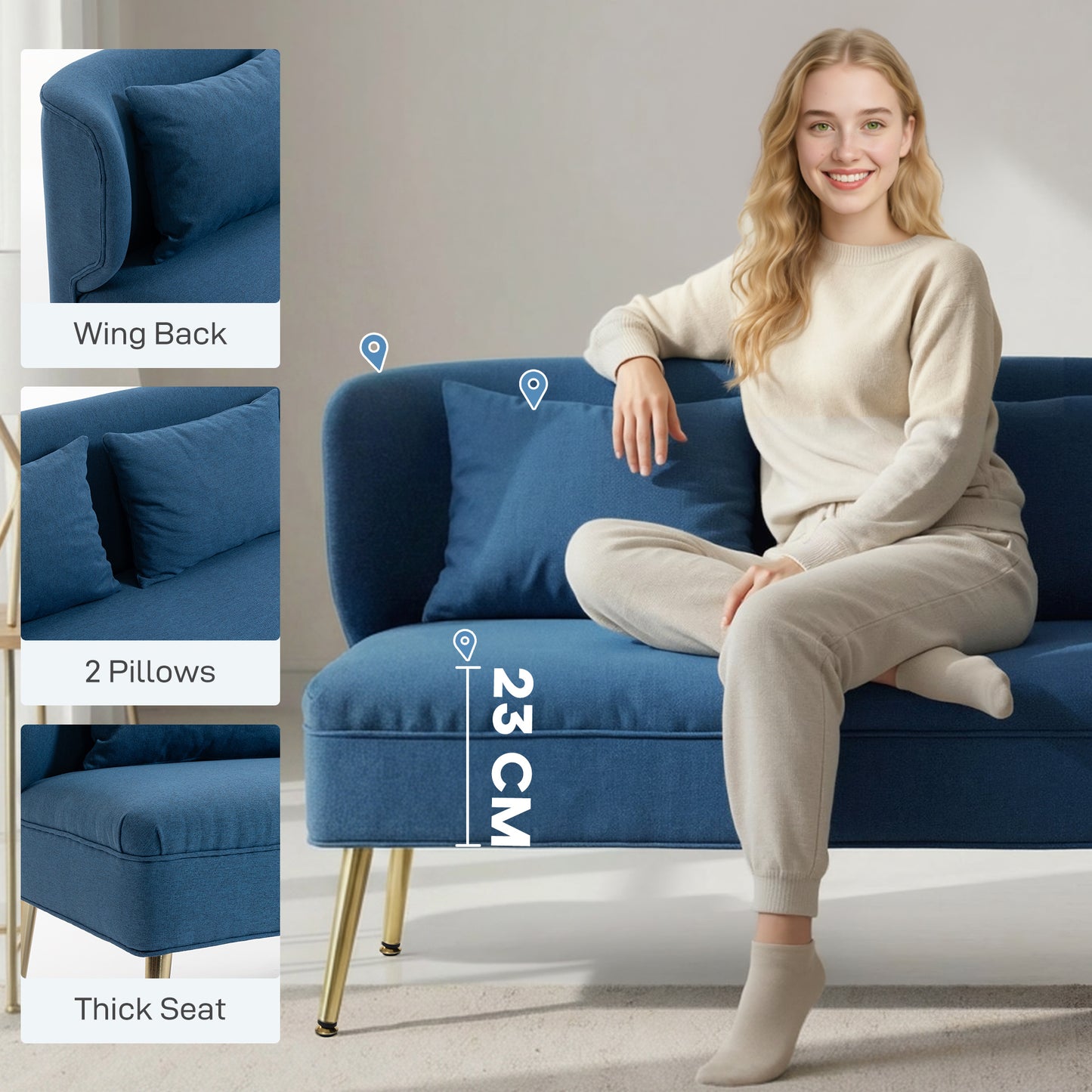 2 Seater Sofa, Small Sofa with Wing Back, Thick Seat, Dark Blue