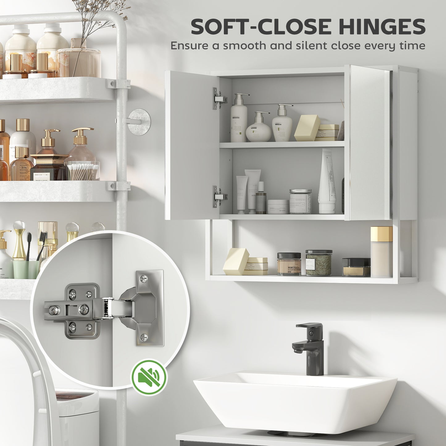 Industrial Bathroom Cabinet with 2 Mirrored Doors Open Shelf, White