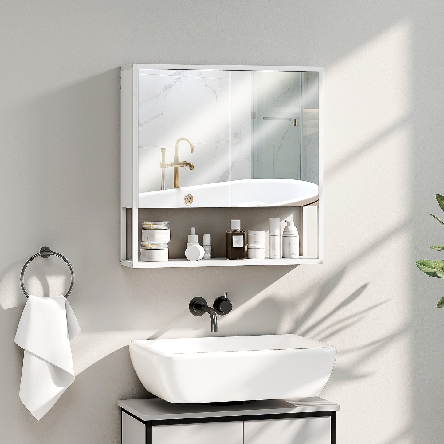 Industrial Bathroom Cabinet with 2 Mirrored Doors Open Shelf, White