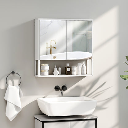 Industrial Bathroom Cabinet with 2 Mirrored Doors Open Shelf, White