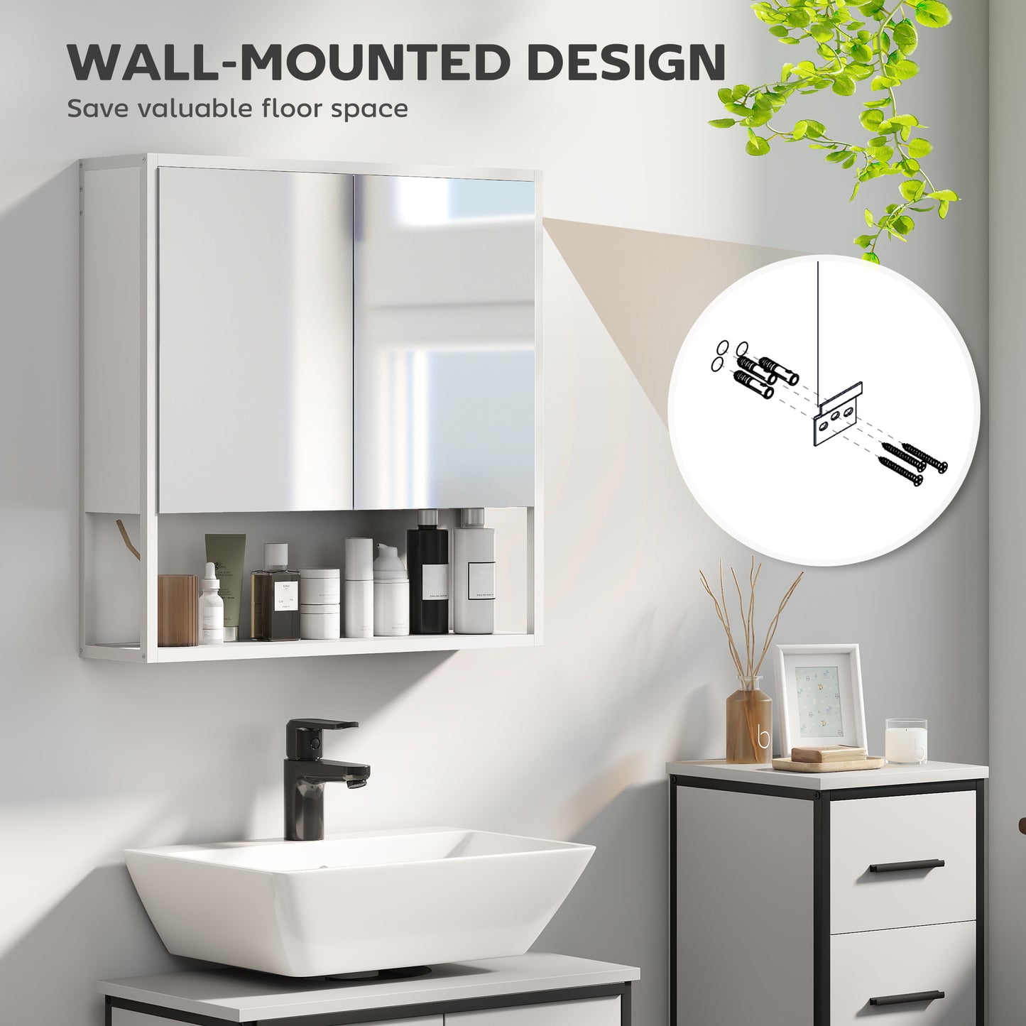 Industrial Bathroom Cabinet with 2 Mirrored Doors Open Shelf, White