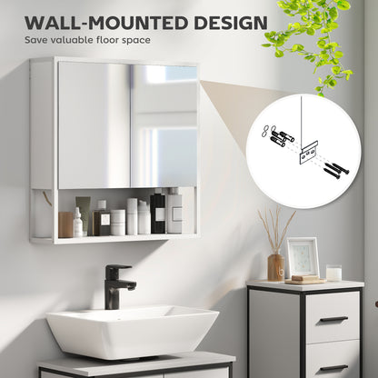 Industrial Bathroom Cabinet with 2 Mirrored Doors Open Shelf, White