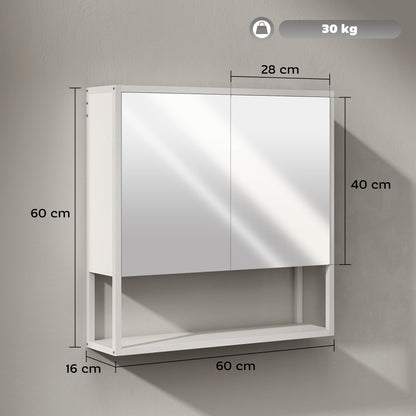 Industrial Bathroom Cabinet with 2 Mirrored Doors Open Shelf, White