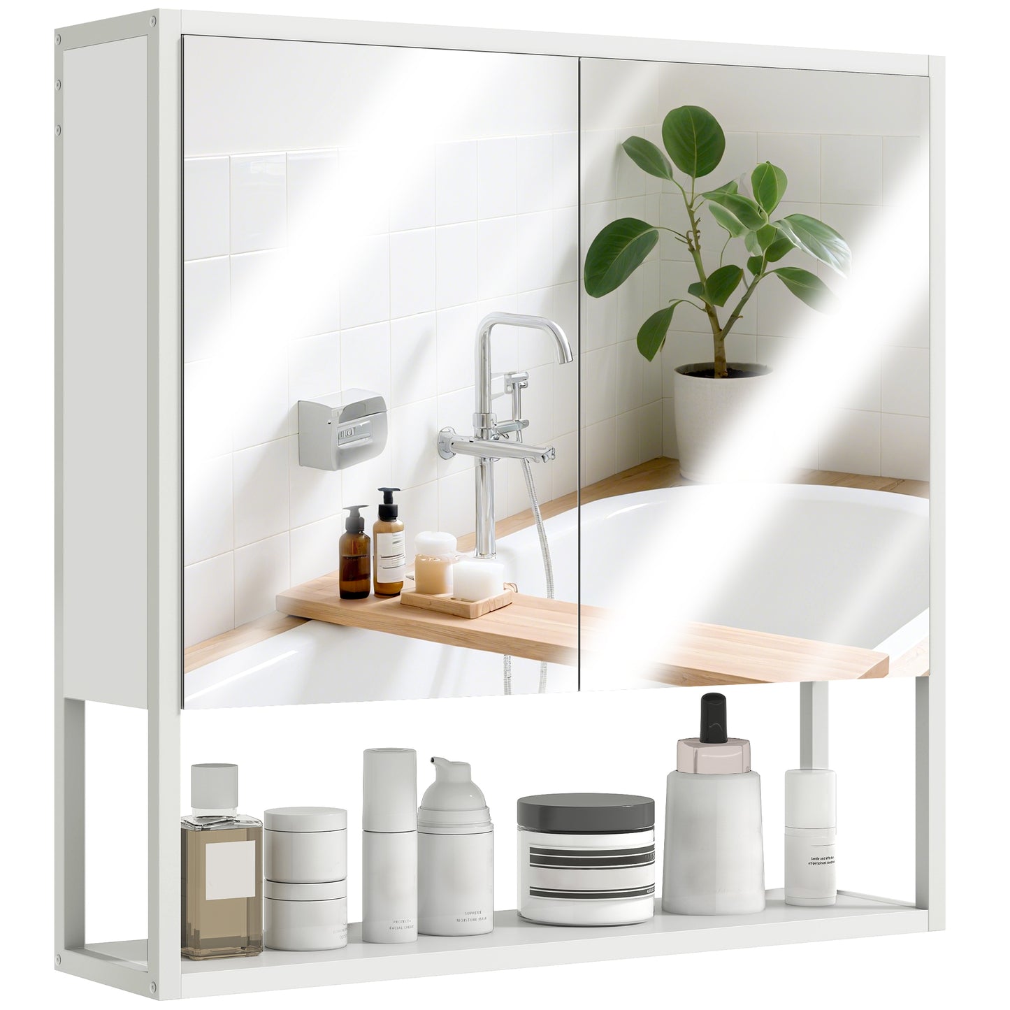 Industrial Bathroom Cabinet with 2 Mirrored Doors Open Shelf, White