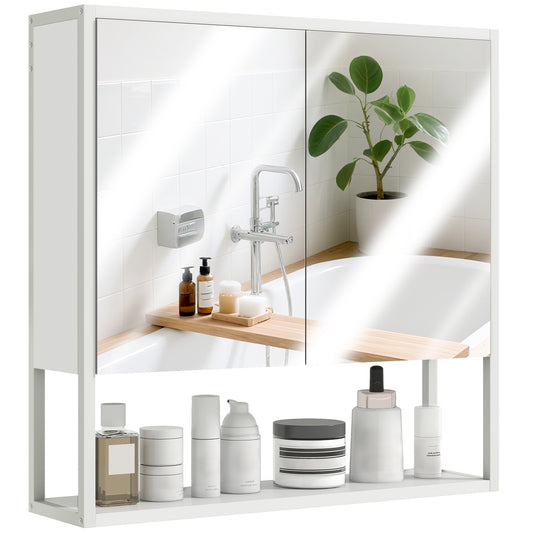 Industrial Bathroom Cabinet with 2 Mirrored Doors Open Shelf, White