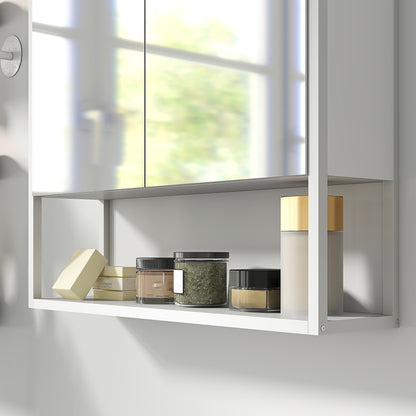 Industrial Bathroom Cabinet with 2 Mirrored Doors Open Shelf, White