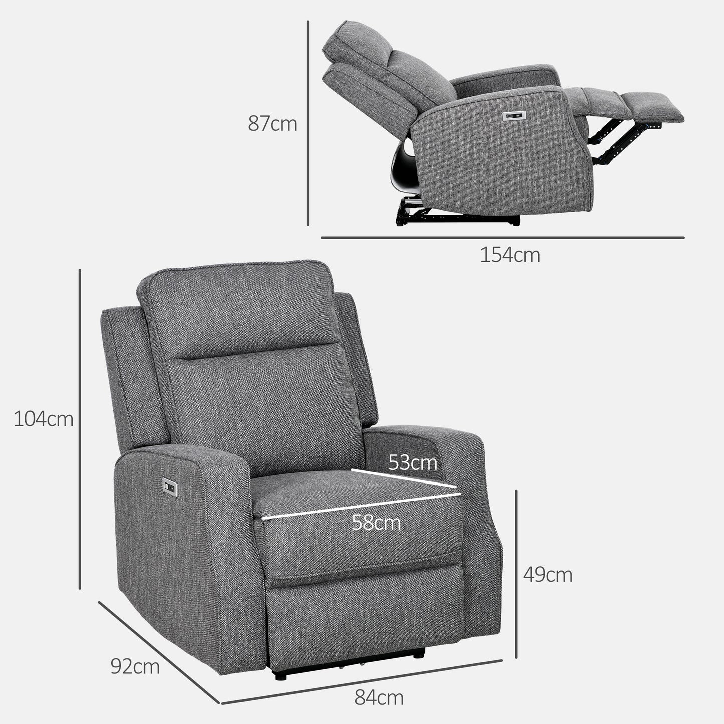 Electric Armchair, Fabric Recliner Chair with USB Port, Charcoal Grey